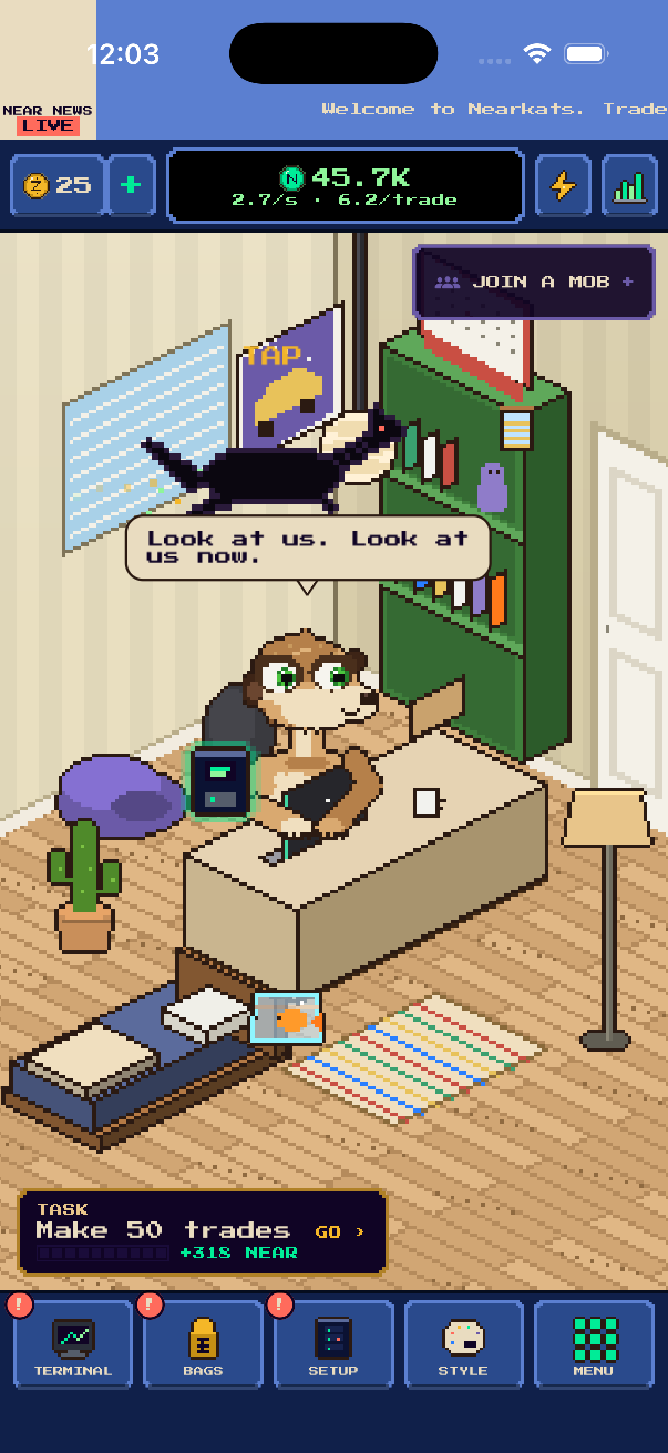 The Nearkat at his desk while a black dragon crosses the room