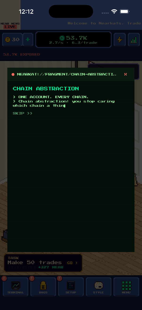 A green terminal window in the game typing out a fact about chain abstraction