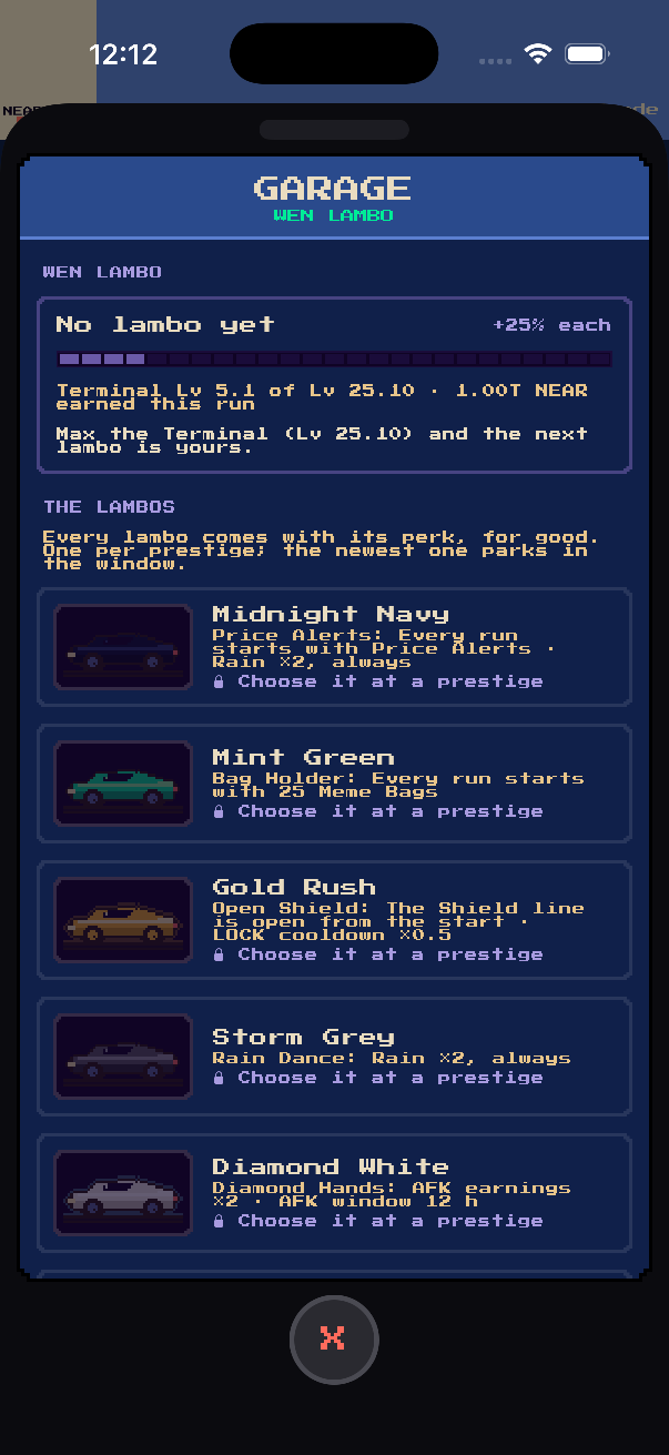 The garage screen with the list of lambos and the perk each one carries