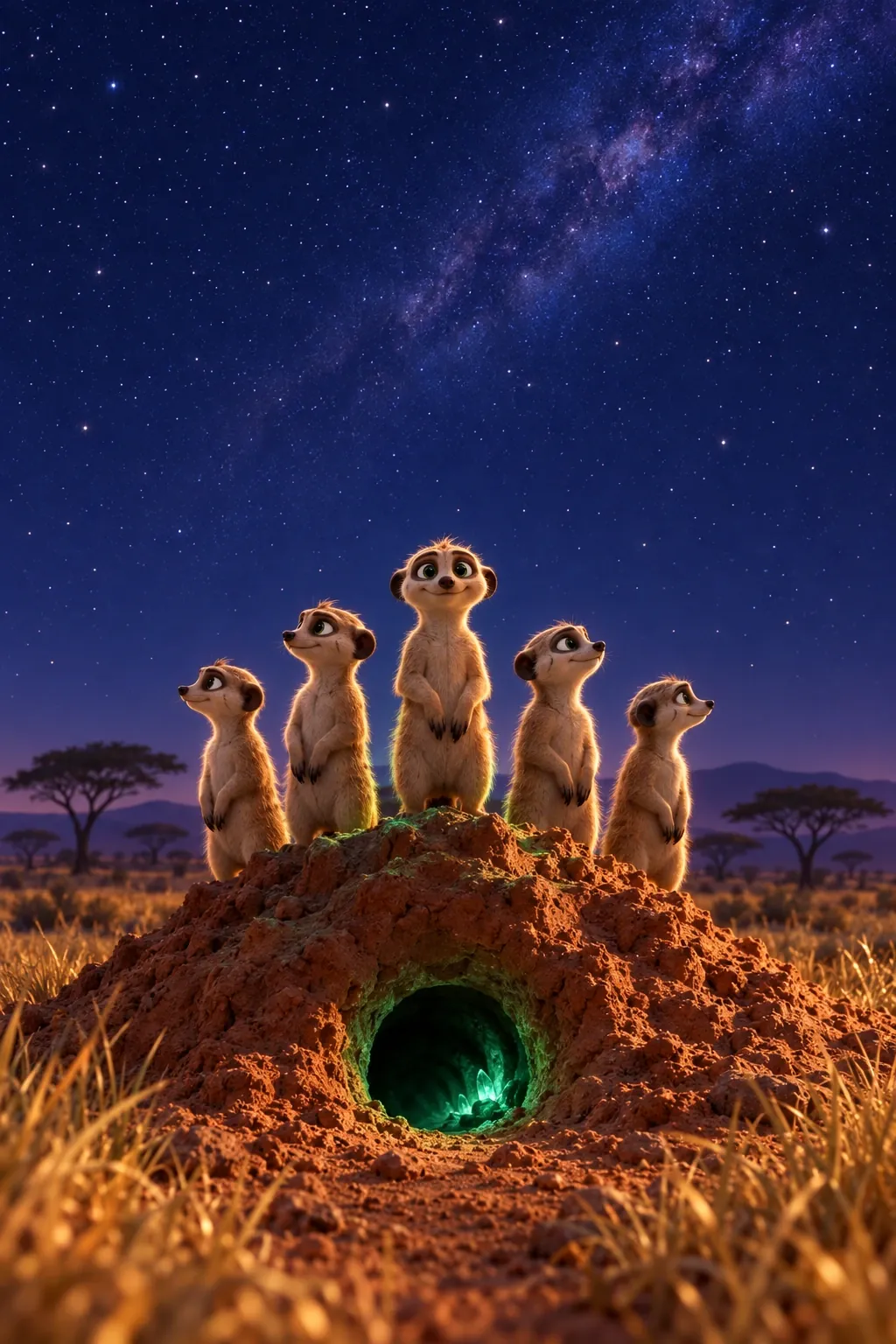 A mob of Nearkats stands guard on a mound under the night sky, above the mouth of their burrow