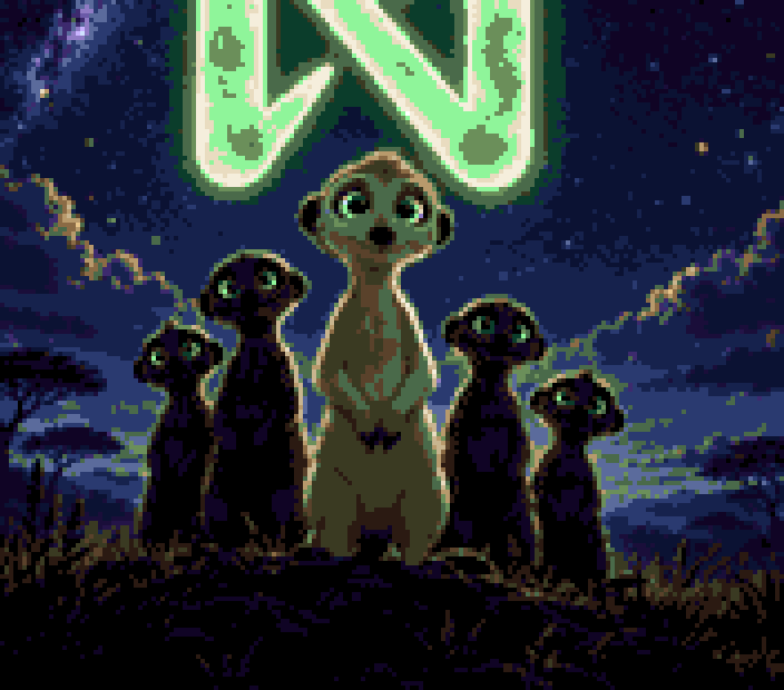 A mob of pixel Nearkats standing under a glowing NEAR logo